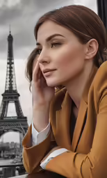 a beautiful young woman sitting next to a tall tower