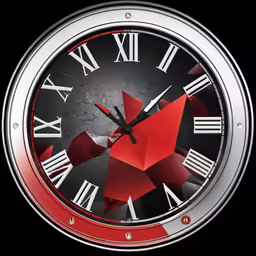 a metal clock with red and black numbers
