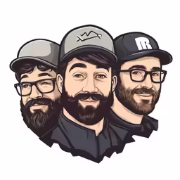 a group of three men wearing baseball caps and glasses