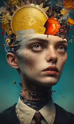 an image of a young man with a clock on his head