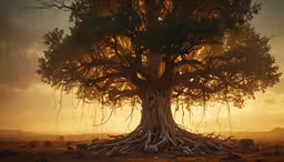 a huge tree sitting on top of a dry grass field,the large tree with its roots curled up is surrounded by rocks and sand