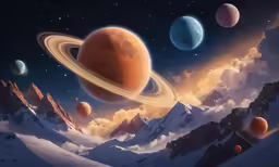an image of planets in the sky, with mountains in the background
