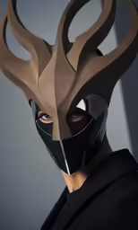 a man wearing a mask with large horns