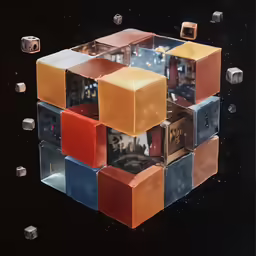 a colorful cube shaped object with many smaller objects surrounding it