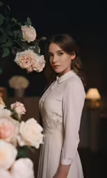 the woman in the white dress is standing next to some flowers