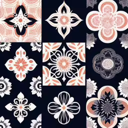 four different kinds of flowers with a black background,various color patterns on a black background,some random pictures of floral design with an artistic twist,a set of eight abstractly designed geometric designs,a black background with various patterns in pink and orange