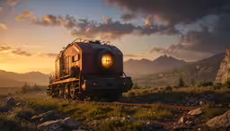 a train on a train track in the middle of some grass,a train traveling through a lush green countryside