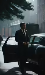a man in a suit stepping into an old vintage car