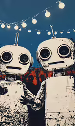 two cartoonish robot are standing against a wall