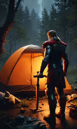 a person in armor standing next to a tent with a sword,a man in armor stands outside of a tent