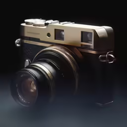 a camera on a black surface with a light shining behind it