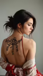 a woman in red dress with a tattoo on her back