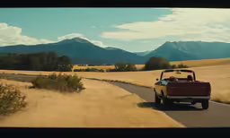 a red truck traveling down a country road