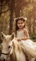 a little girl riding on the back of a white horse