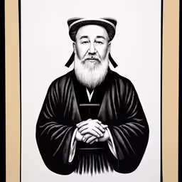 an oriental monk in black and white with hands folded