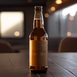a bottle of beer sitting on top of a wooden table