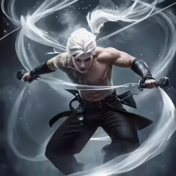 the man in the black costume is holding a sword