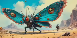 a butterfly that has orange eyes and a big wing