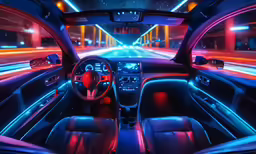 the inside of a vehicle showing the bright lights