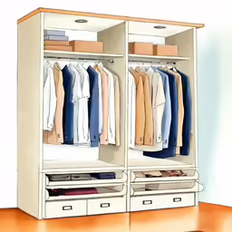 the closet with drawers is organized and open