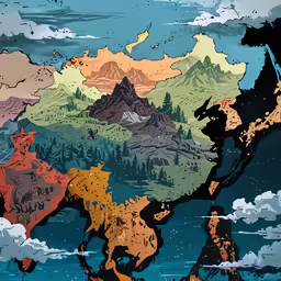 a stylized landscape of trees and mountains