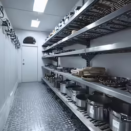 the shelves are full of pots and pans