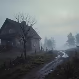 an old country house in the fog and rain