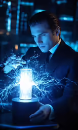 a man in a suit is holding a lighter