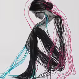 a woman in a black dress covered in purple and turquoise strands