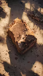a book with paper and dirt sitting on the ground
