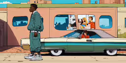 a person is standing in front of a car while a house with a small window stands by him,two people stand near a car with the back door opened