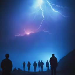 many people watching the night sky with lightning
