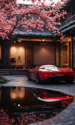 a red car under a cherry blossom tree