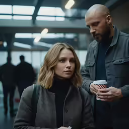 a man in a black jacket and woman holding coffee cup