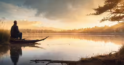 a man sitting on a boat on a body of water,a man is sitting on his canoe as the sun rises