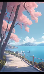 a painting of a landscape with pink trees and water