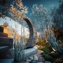 a rock garden with a wooden sculpture and several shrubs