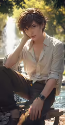 the young woman is sitting on a bench by a fountain