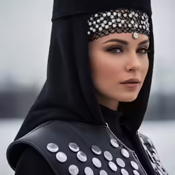 a woman in black is dressed up with silver and white beads