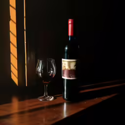 wine bottle sitting next to wine glass with light on