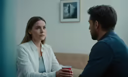 a man and a woman sitting on a couch with each other, and one has a cup in his hands