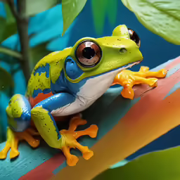 frog on a plant with green leaves and blue sky background