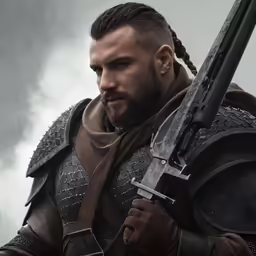 a person holding a sword in a cloudy sky