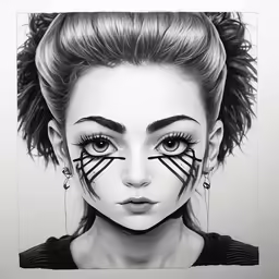 a black and white drawing of a woman with face tattoos
