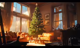 a living room with a christmas tree sitting next to a window