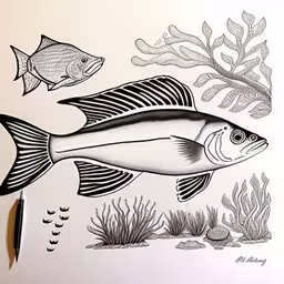 drawing of some kind of fish and seaweed,an ink drawing of a fish with seaweed and other small items,a fish sits on the wall next to corals,the fish is on the white background by some corals,a wall hanging with two fish on it