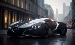 a futuristic black car on a rainy street