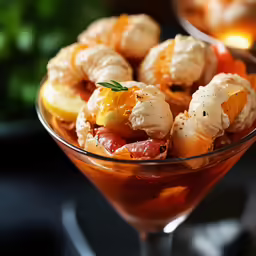 a fancy dessert with shrimp and oranges on it