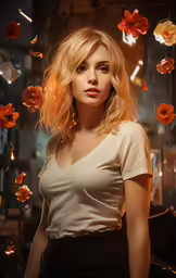 a woman in a white shirt and black pants standing in front of a floral display