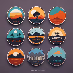 nine magnets depicting different mountains and lakes,a set of six badges depicting different landscape